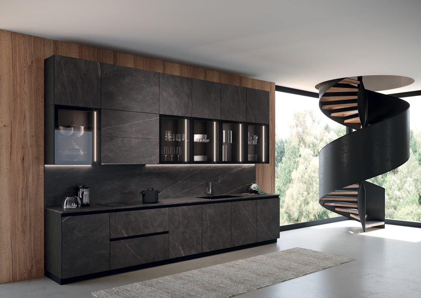 Febal Casa cucina moderna Kaleidos nera con sportelli vetro 042 043